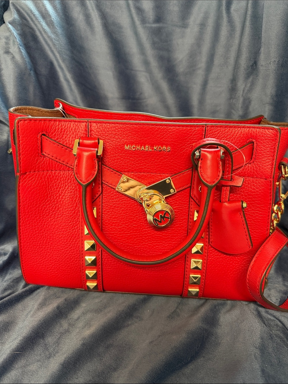 Michael Kors Red Pebbled Leather Studded Satchel with Gold Hardware